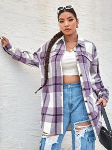 SHEIN EZwear 大码女式休闲格子印花长外套 - 紫丁香色 - 查看 3