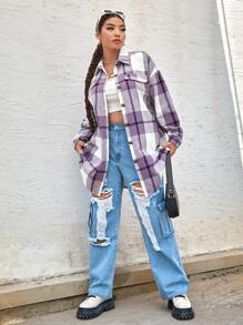 SHEIN EZwear 大码女式休闲格子印花长外套 - 紫丁香色 - 查看 5