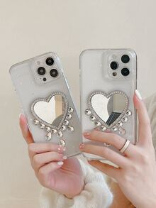 水鑽裝飾心鏡子透明手機殼 - 無色 - 查看 6