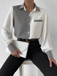 Chiquease Houndstooth Panel Button Up Shirt - Black and White - View 1