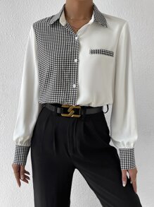Chiquease Houndstooth Panel Button Up Shirt - Black and White - View 4