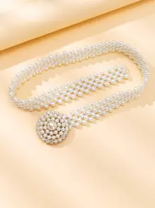 鑽石和仿珍珠裝飾的時尚腰帶 - 白色 - 查看 1