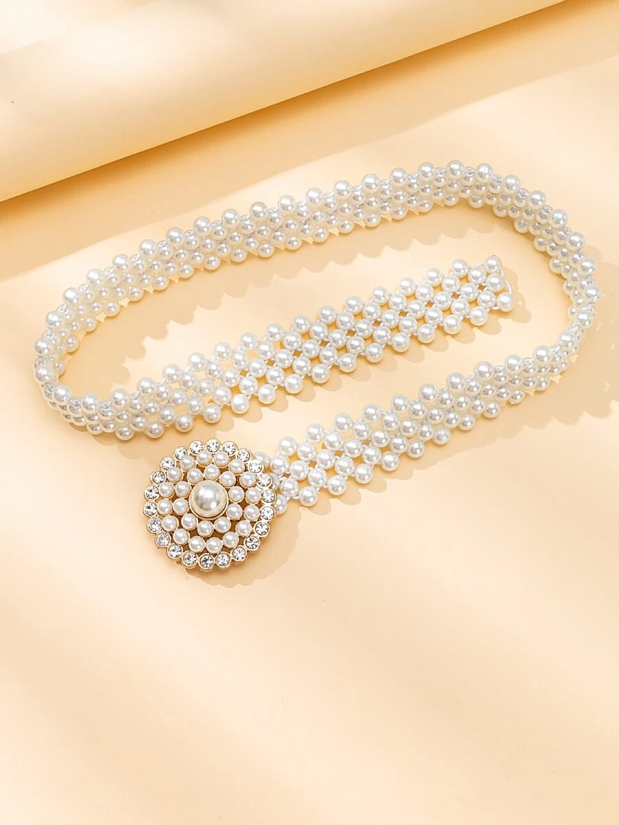 鑽石和仿珍珠裝飾的時尚腰帶 - 白色 - 查看 1