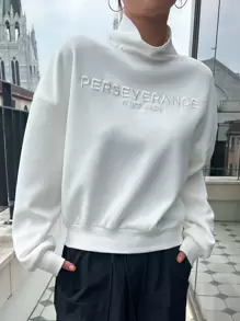 DAZY Women's High Neck Sweatshirt With Letter Embroidery,Fall Clothes - White - View 3