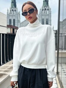 DAZY Women's High Neck Sweatshirt With Letter Embroidery,Fall Clothes - White - View 5