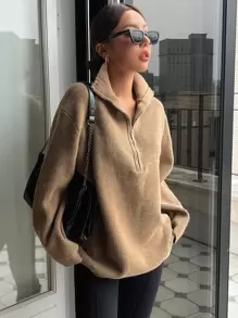 DAZY Áo len nữ Dây kéo màu trơn Giải trí - Màu Khaki - Xem 1