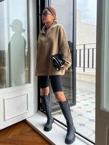 DAZY Áo len nữ Dây kéo màu trơn Giải trí - Màu Khaki - Xem 3