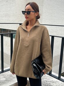 DAZY Áo len nữ Dây kéo màu trơn Giải trí - Màu Khaki - Xem 4