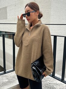 DAZY Áo len nữ Dây kéo màu trơn Giải trí - Màu Khaki - Xem 5