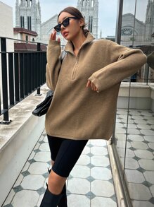 DAZY Áo len nữ Dây kéo màu trơn Giải trí - Màu Khaki - Xem 6