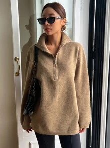 DAZY Áo len nữ Dây kéo màu trơn Giải trí - Màu Khaki - Xem 7