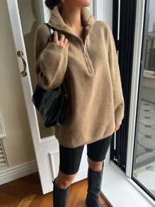 DAZY Áo len nữ Dây kéo màu trơn Giải trí - Màu Khaki - Xem 8