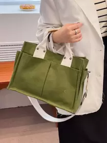 Hàn Quốc Phong cách Đơn giản tranh sơn dầu Túi tote Với Nhiều Túi Đối với Làm Việc  , Cầm tay , Vai , Túi đeo chéo - màu xanh lá - Xem 1