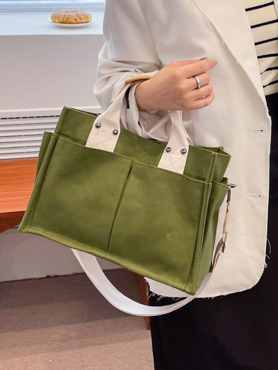 Hàn Quốc Phong cách Đơn giản tranh sơn dầu Túi tote Với Nhiều Túi Đối với Làm Việc  , Cầm tay , Vai , Túi đeo chéo - màu xanh lá - Xem 1