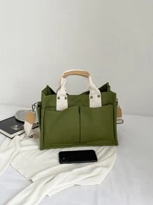 Hàn Quốc Phong cách Đơn giản tranh sơn dầu Túi tote Với Nhiều Túi Đối với Làm Việc  , Cầm tay , Vai , Túi đeo chéo - màu xanh lá - Xem 8