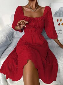 SHEIN LUNE 前繫帶荷葉邊荷葉邊下擺洋裝 - 紅色 - 查看 1
