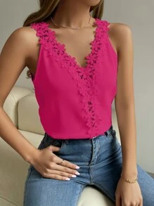 SHEIN ChicEase Guipure Lace V-neck Tank Top - Hot Pink - View 1