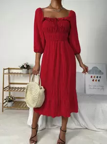 SHEIN LUNE 前繫帶荷葉邊荷葉邊下擺洋裝 - 紅色 - 查看 3