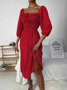 SHEIN LUNE 前繫帶荷葉邊荷葉邊下擺洋裝 - 紅色 - 查看 4