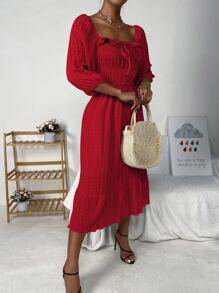 SHEIN LUNE 前繫帶荷葉邊荷葉邊下擺洋裝 - 紅色 - 查看 6