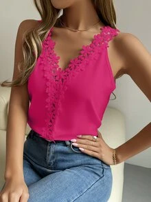 SHEIN ChicEase Guipure Lace V-neck Tank Top - Hot Pink - View 4
