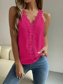 SHEIN ChicEase Guipure Lace V-neck Tank Top - Hot Pink - View 5