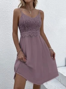 Guipure Lace Panel Cami Dress - Mauve Purple - View 1