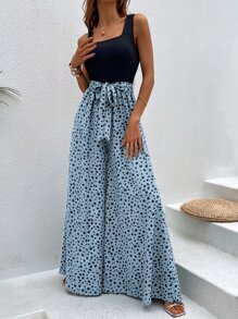 SHEIN Holidaya 斑點印花闊腿腰帶連身褲 - 彩色 - 查看 6