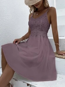 Guipure Lace Panel Cami Dress - Mauve Purple - View 3