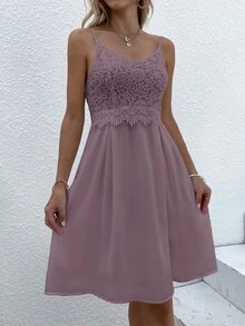 Guipure Lace Panel Cami Dress - Mauve Purple - View 6