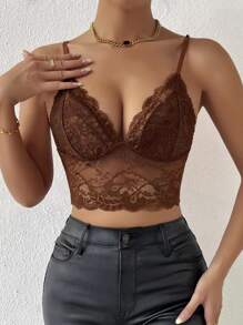 SHEIN Allurite Top de tirantes unicolor con encaje - Café integral - Ver 1
