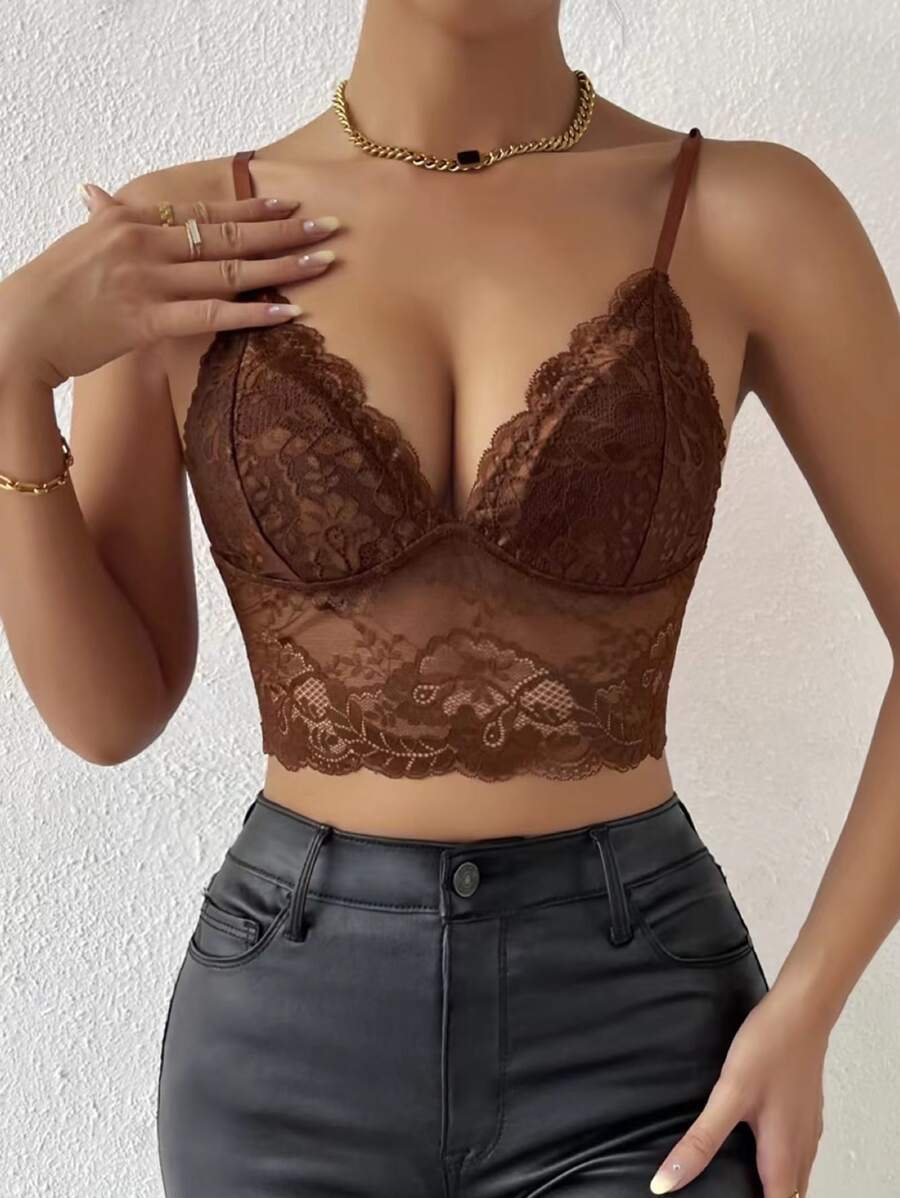 SHEIN Allurite Top de tirantes unicolor con encaje - Café integral - Ver 1