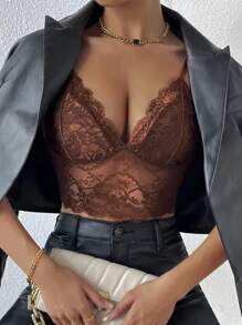 SHEIN Allurite Top de tirantes unicolor con encaje - Café integral - Ver 3