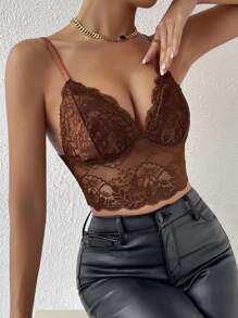 SHEIN Allurite Top de tirantes unicolor con encaje - Café integral - Ver 4