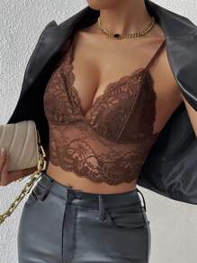 SHEIN Allurite Top de tirantes unicolor con encaje - Café integral - Ver 5