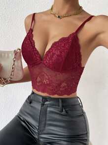 SHEIN Allurite Solid Lace Cami Top - Burgundy - View 5