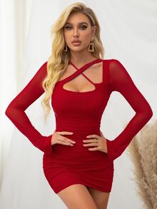 PARTHEA 十字交叉帶褶邊網紗洋裝 - 紅色 - 查看 6