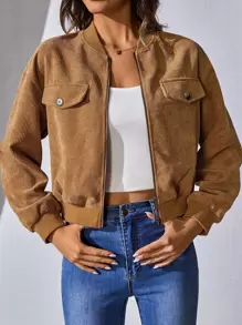 SHEIN EZwear 落肩袖拉鍊燈芯絨飛行員夾克 - 棕色 - 查看 1