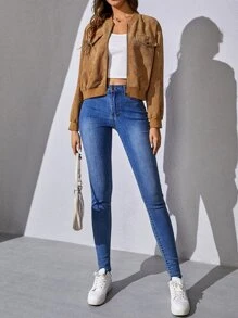 SHEIN EZwear 落肩袖拉鍊燈芯絨飛行員夾克 - 棕色 - 查看 4