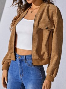 SHEIN EZwear 落肩袖拉鍊燈芯絨飛行員夾克 - 棕色 - 查看 5