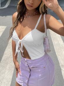 SHEIN ICON 前繫帶蕾絲邊吊帶上衣 - 白色 - 查看 3