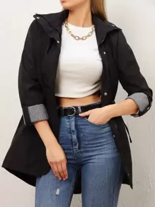 RueChic Gingham Rolled Sleeve Drawstring Detail Coat - Black - View 1