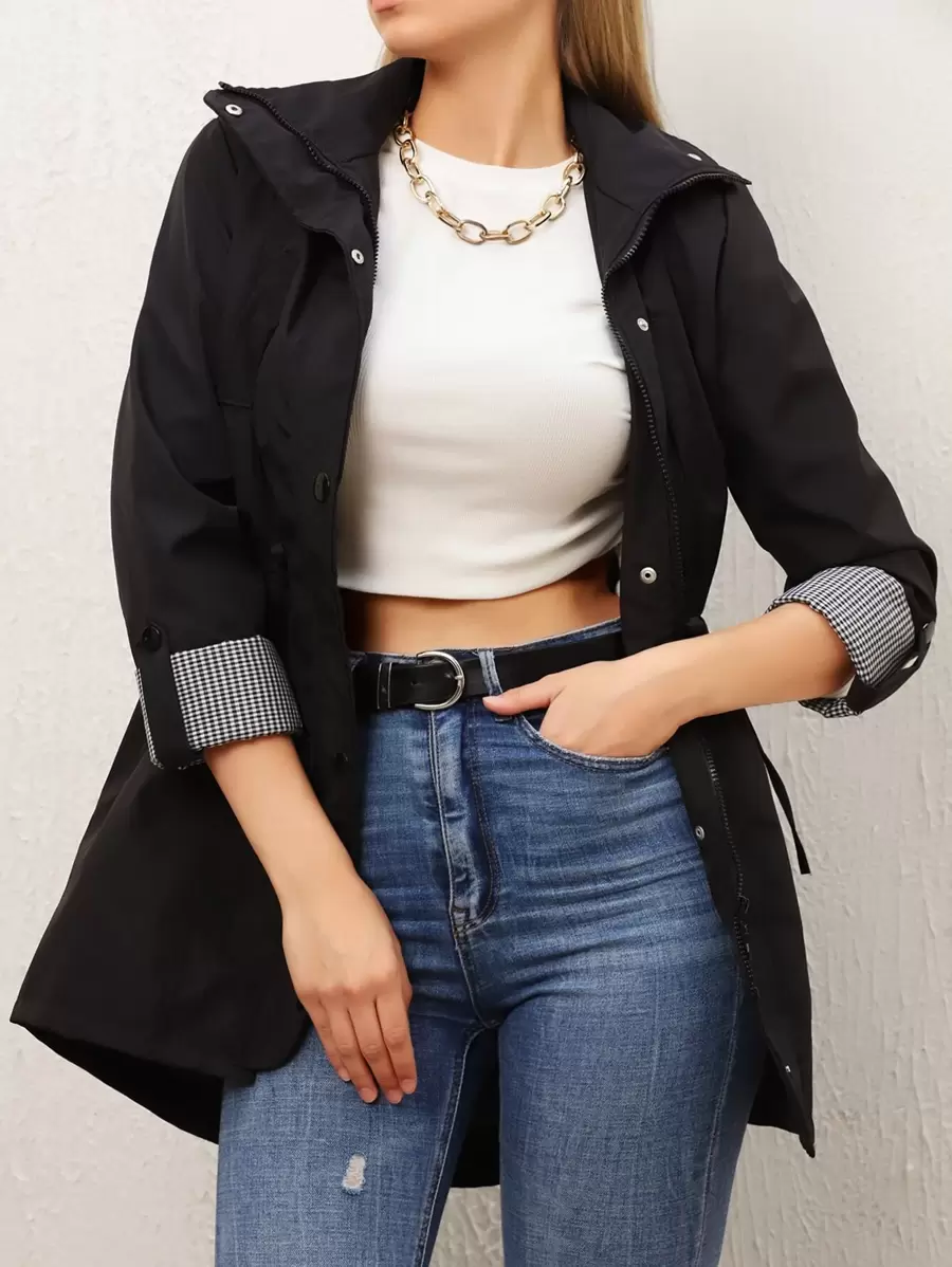 RueChic Gingham Rolled Sleeve Drawstring Detail Coat - Black - View 1