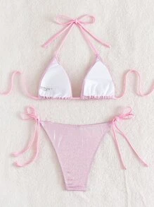 SHEIN X Sofía Suescun Long lanh Bộ Bikini Tam giác Bras & Quần lót Thong Đáy 2 mảnh Rave Bộ đồ tắm - Hồng - Xem 2