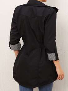 RueChic Gingham Rolled Sleeve Drawstring Detail Coat - Black - View 2