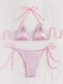 SHEIN X Sofía Suescun Long lanh Bộ Bikini Tam giác Bras & Quần lót Thong Đáy 2 mảnh Rave Bộ đồ tắm - Hồng - Xem 5