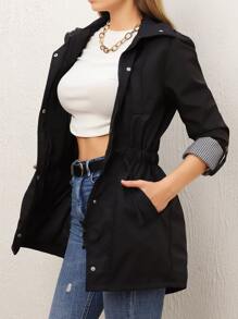 RueChic Gingham Rolled Sleeve Drawstring Detail Coat - Black - View 6