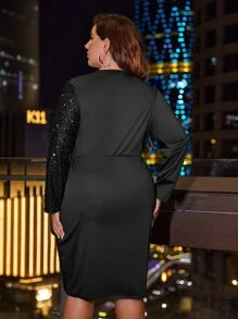 SHEIN SXY Plus Contrast Sequin Wrap Hem Dress - Black - View 2