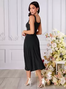 SHEIN Belle Solid Sleeveless High Waist A-line Dress - Black - View 3