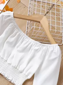 2pcs Girls Solid Color Casual Long Sleeve Crop Top And Skirt Set - Black and White - View 3